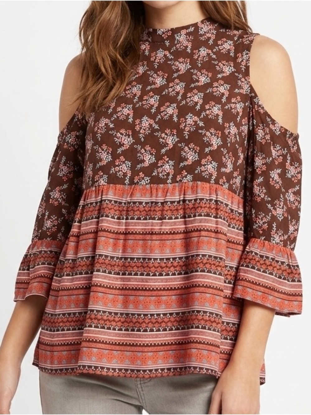 Japna Cold Shoulder Floral Boho Peasant Top Brown Red Rayon Size Medium